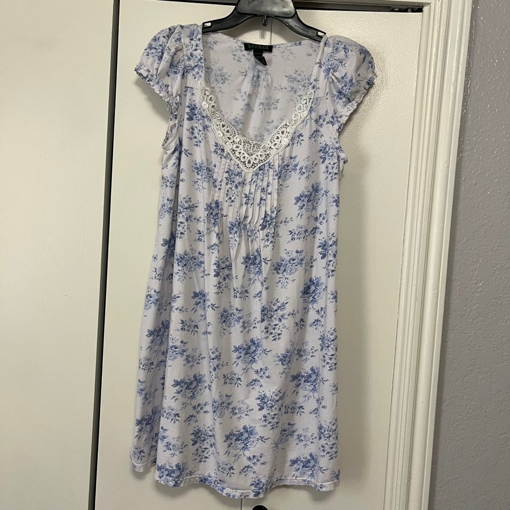 Lauren Ralph Lauren Blue Floral Cotton Nightgown Lace Trim Pintuck Sleepwear M